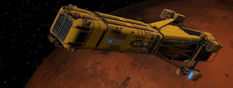 A yellow, futuristic spacecraft with detailed mechanical components is flying above the reddish surface of a planet, possibly Mars. The background is a starry space scene.