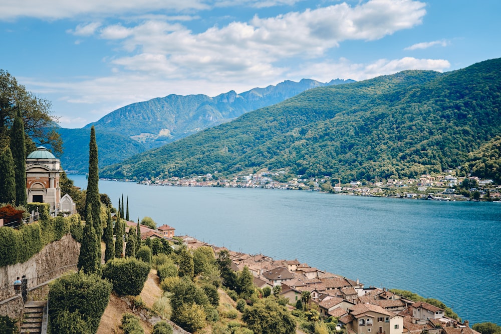 a scenic view of a lake surrounded by mountains