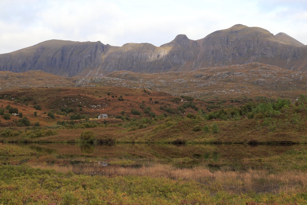 a mountain range with a body of water in the foreground