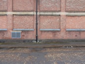 A brick wall with several sections where the bricks protrude slightly, separated by vertical and horizontal cement lines. A black drainage pipe runs vertically along the center of the wall. Near the base, there is a grated vent. The ground is a cobblestone street, partially wet, with some muddy patches, indicating recent rain.