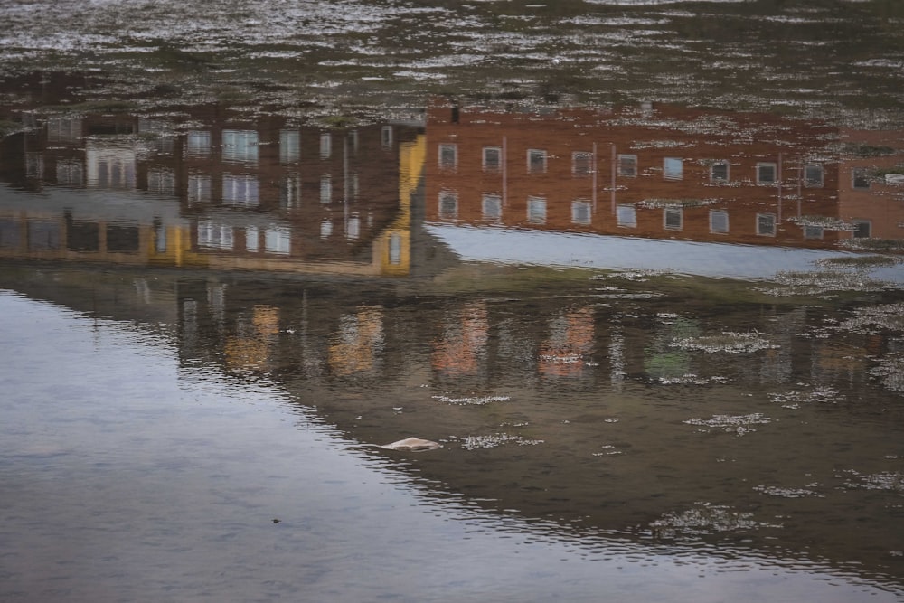 a building is reflected in a body of water