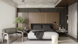 a bedroom with a bed and a chair