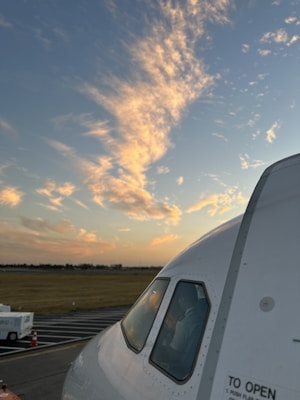 A large passenger airplane is positioned on the tarmac, capturing the intricate design of its nose and cockpit windows. A pilot is visible inside, engaging with flight instruments against a backdrop of a partly cloudy sky. The horizon is lined with trees and a golden field, while a ground vehicle and safety cones are visible near the aircraft.