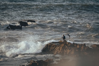 A sea rod leaning against a rocky shoreline with waves crashing nearby.