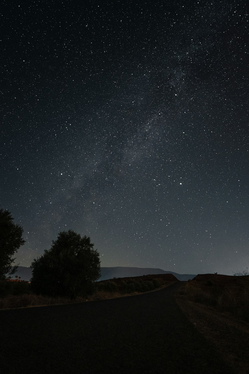 the night sky with stars above a road