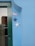 A light blue wall features a green door with a black handle. Above the door are metal address numbers '575'. Two decorative starfish, one blue and one white, are mounted on the wall next to the door. A reflection in the door's glass panel shows part of a neighboring building with a tiled roof.