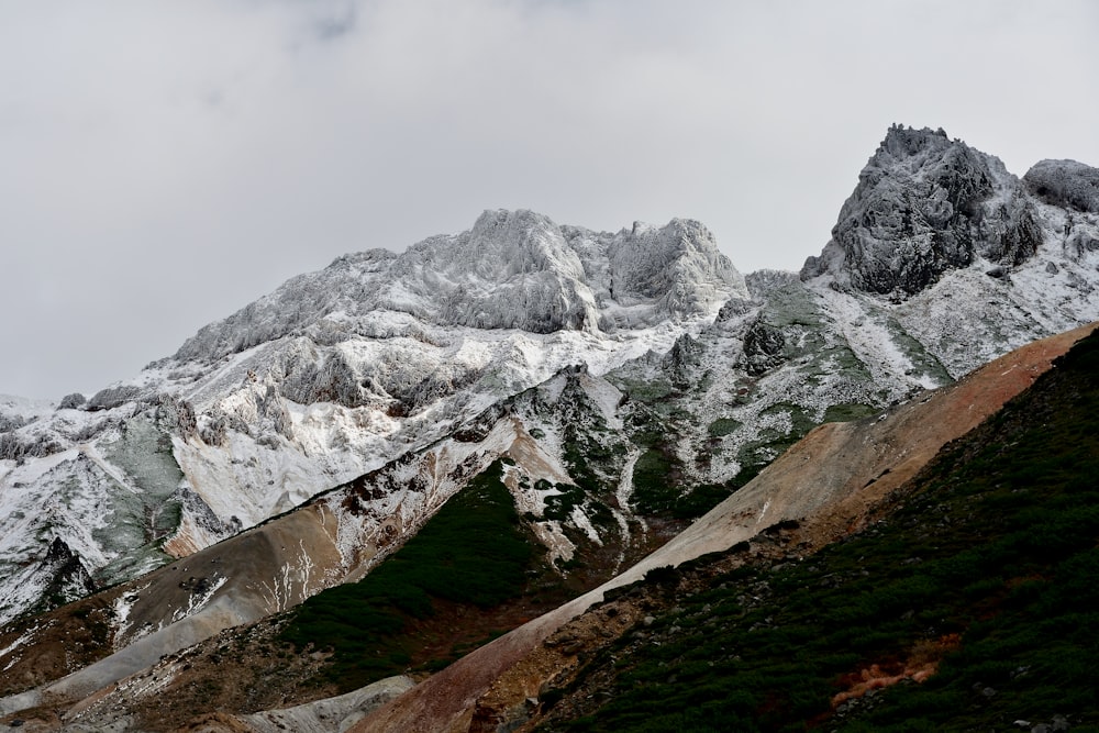 a mountain range covered in snow on a cloudy day