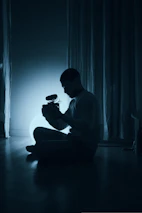 A peaceful scene of a person recording a Torah study video in a home setting.