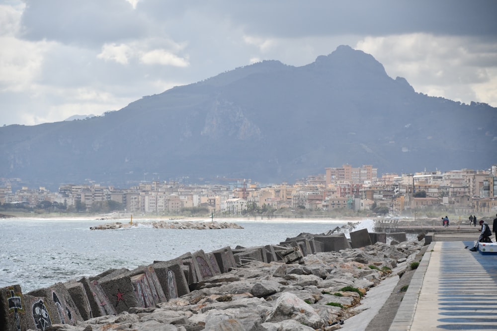 a large body of water next to a rocky shore