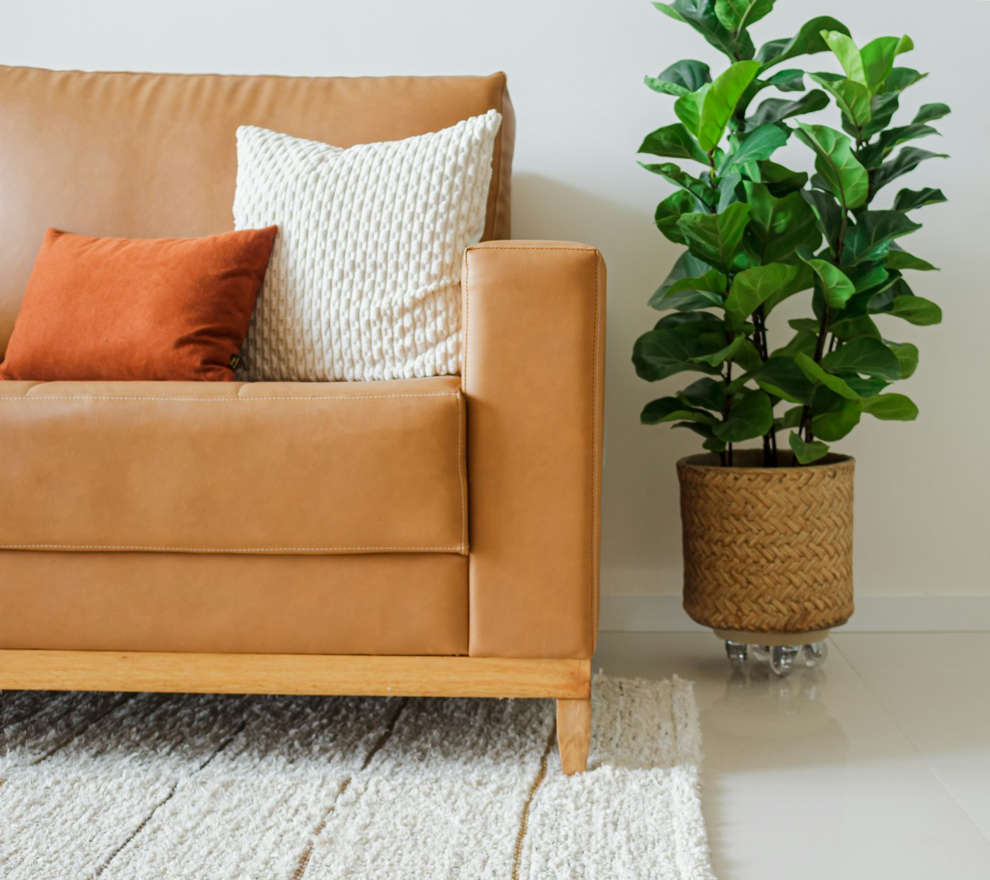 Tan leather boho sofa with chunky knit pillow, rust velvet cushion, fiddle leaf fig in a woven planter, on a textured wool rug
