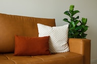 A leather couch in a warm brown tone is adorned with two cushions: one white with a textured pattern and the other a rich rust color. A lush green indoor plant is placed beside the couch, adding a touch of natural element to the setting.