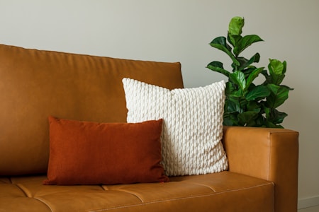 A leather couch in a warm brown tone is adorned with two cushions: one white with a textured pattern and the other a rich rust color. A lush green indoor plant is placed beside the couch, adding a touch of natural element to the setting.