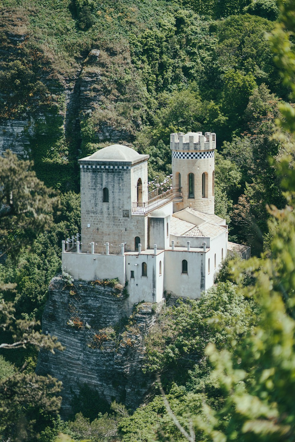 an aerial view of a building in the middle of a forest