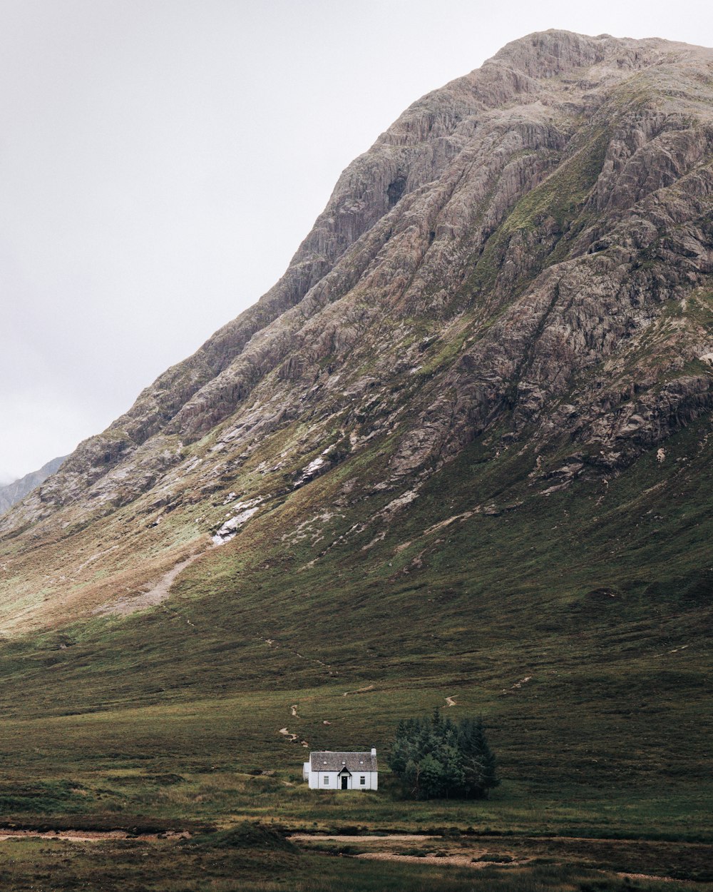 a house in the middle of a field with a mountain in the background