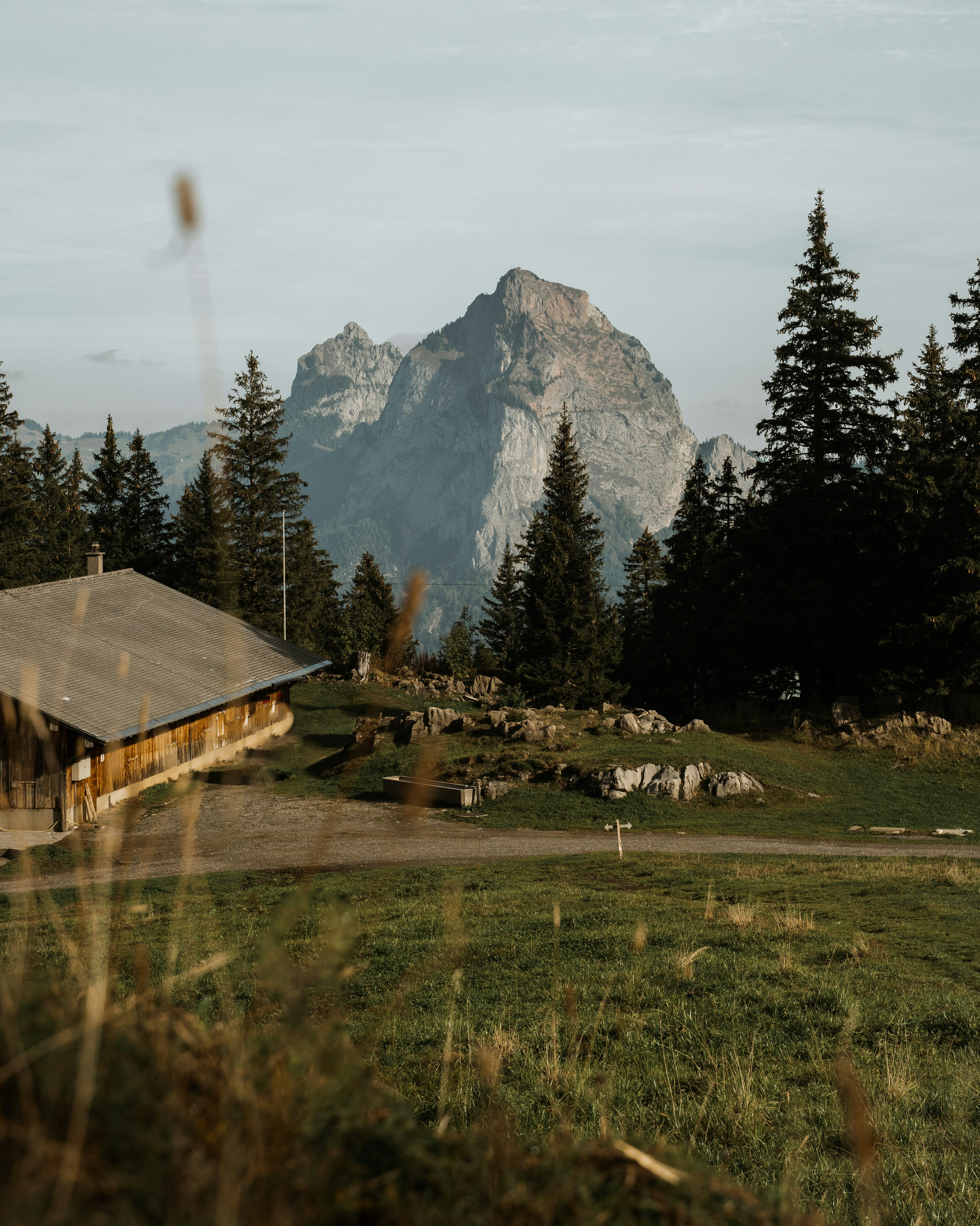 a house in the middle of a field with mountains in the background