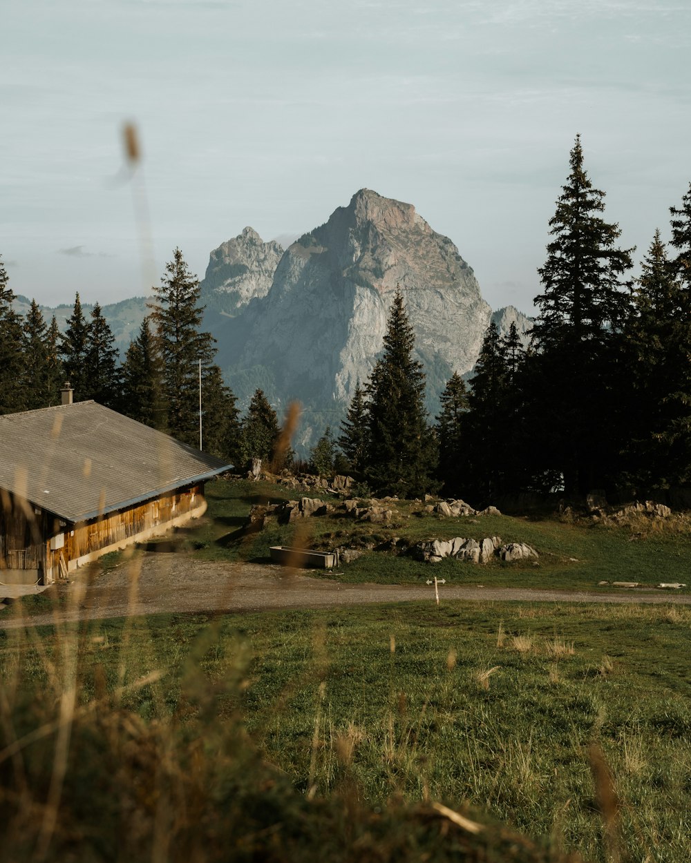 a house in the middle of a field with mountains in the background