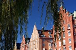 Colorful European-style buildings with distinct architecture are framed by hanging tree branches. Each building has multiple windows and some balconies, and there is a clear blue sky in the background.