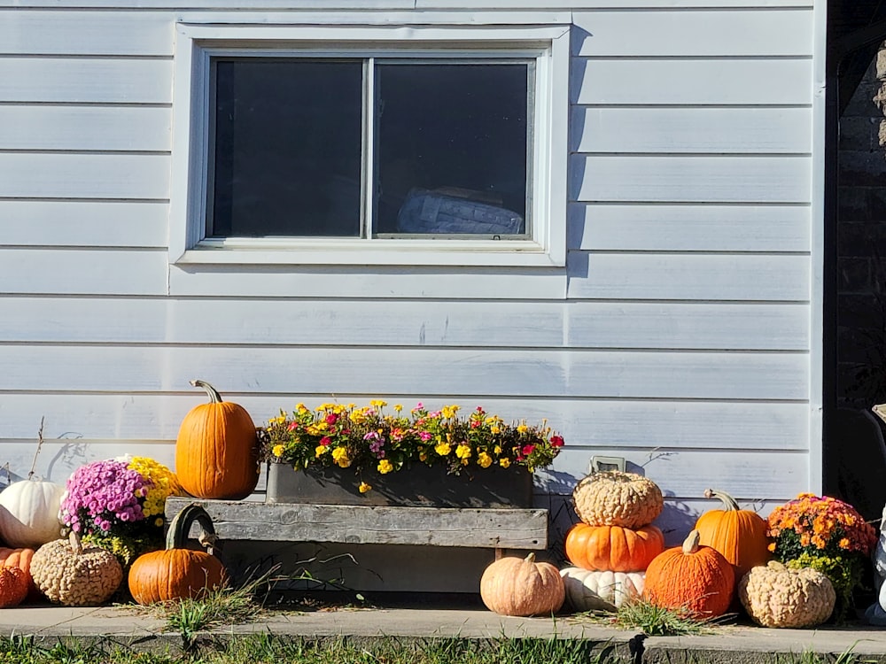 a wooden bench with flowers and pumpkins on it