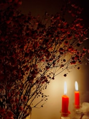A bouquet of delicate red flowers with thin stems is placed in a dimly lit setting. Two lit red candles on glass holders illuminate the scene, casting a warm and cozy glow.