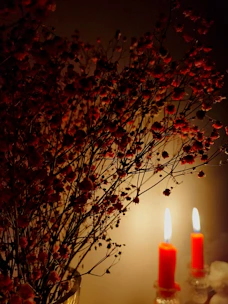 Close-up of dark red and purple flowers with flickering candles creating a romantic atmosphere.