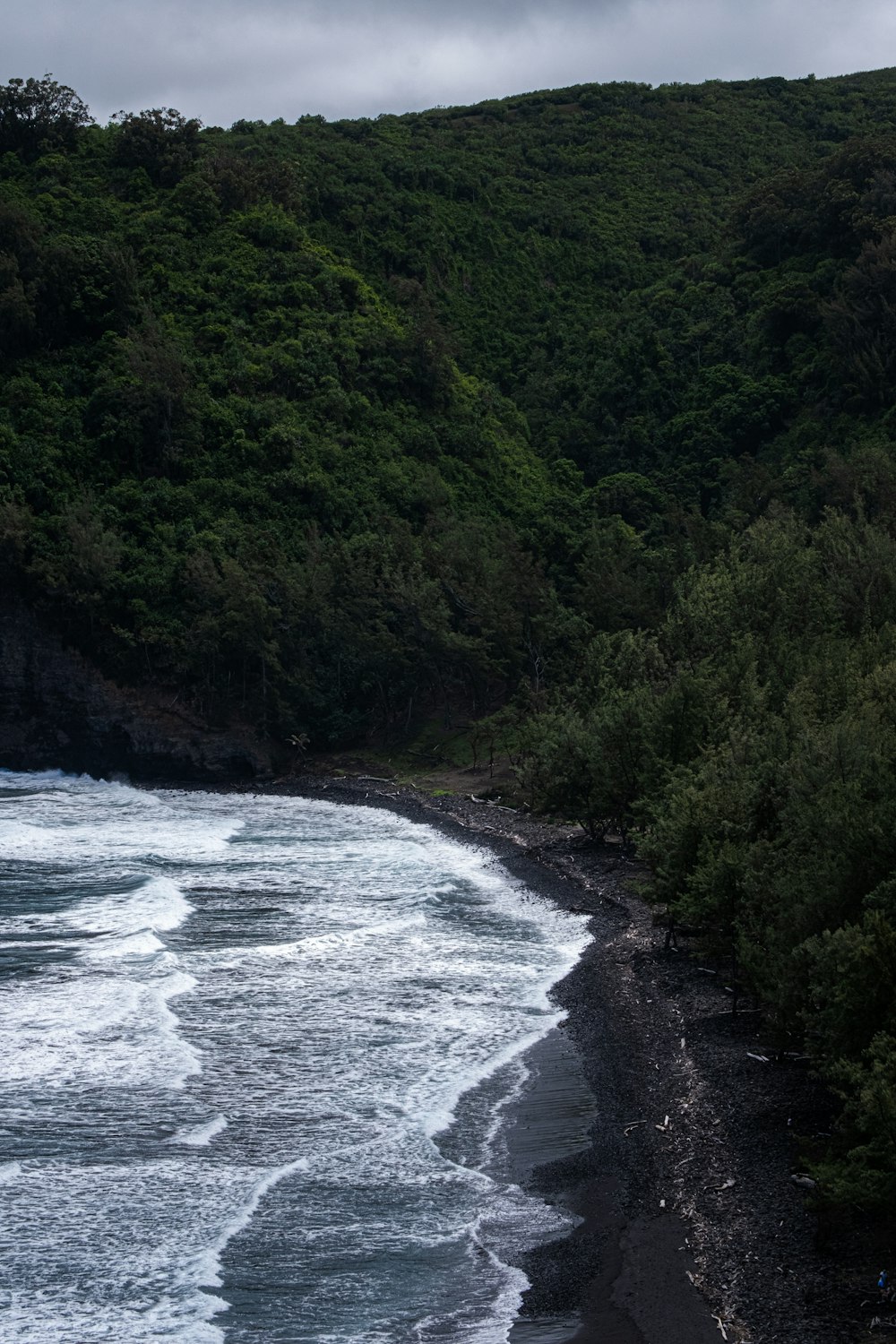 a large body of water next to a lush green hillside