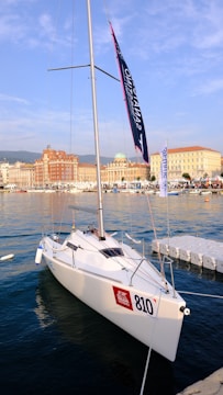 A white sailboat docked at a marina with the registration number 810. The boat features a tall mast with banners, surrounded by calm water. In the background, several historical buildings line the waterfront, under a clear blue sky.