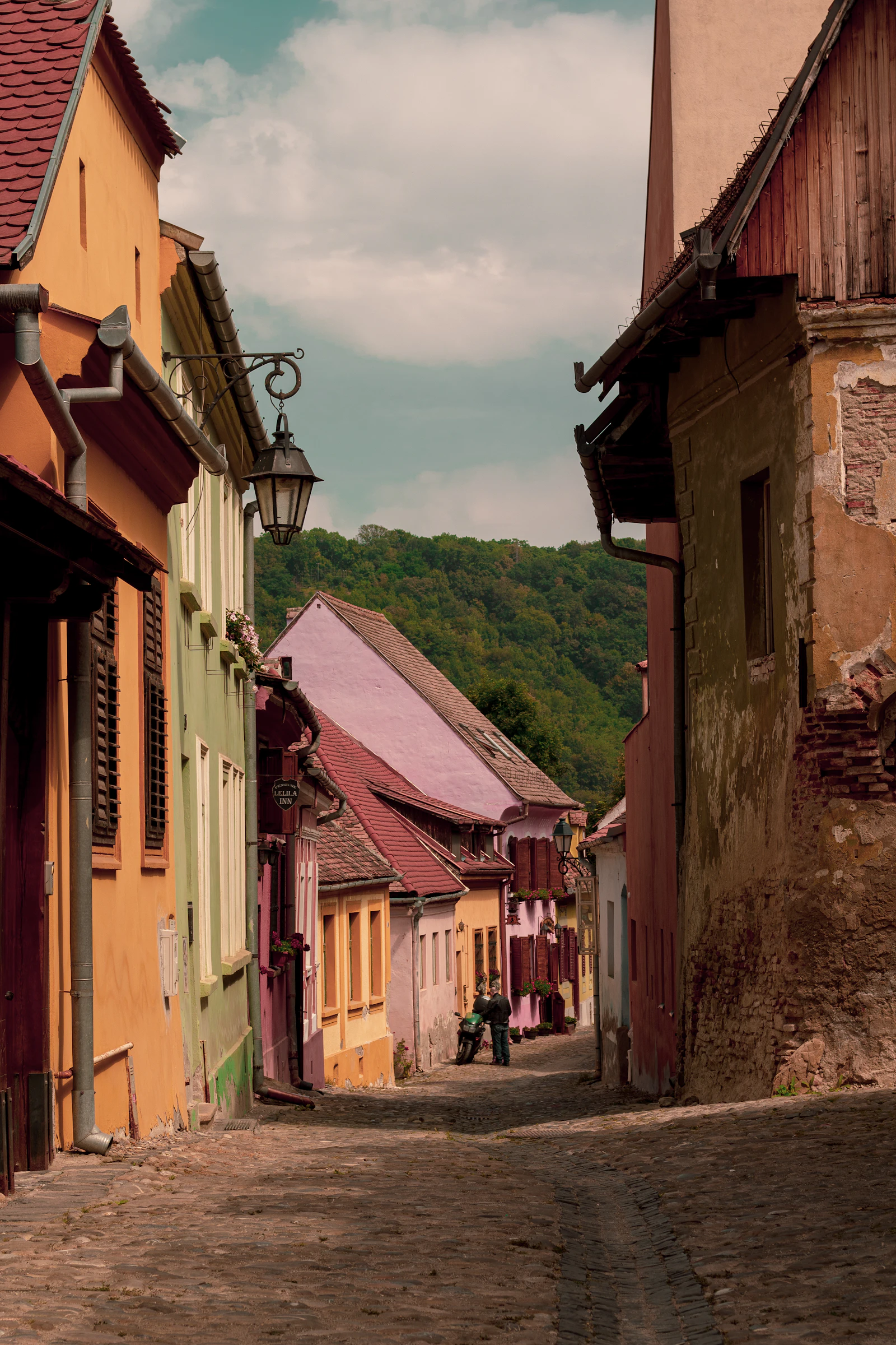 A cobbled street and historic houses in Sighișoara