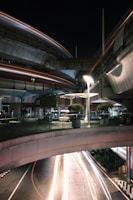 A nighttime urban scene featuring elevated roadways and walkways with light trails from passing vehicles below. The infrastructure includes modern design elements like curved bridges and a glass railing on the pedestrian level. Potted plants add greenery to the scene, and streetlights create a well-lit environment.