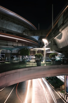 A nighttime urban scene featuring elevated roadways and walkways with light trails from passing vehicles below. The infrastructure includes modern design elements like curved bridges and a glass railing on the pedestrian level. Potted plants add greenery to the scene, and streetlights create a well-lit environment.