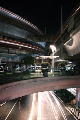 A nighttime urban scene featuring elevated roadways and walkways with light trails from passing vehicles below. The infrastructure includes modern design elements like curved bridges and a glass railing on the pedestrian level. Potted plants add greenery to the scene, and streetlights create a well-lit environment.