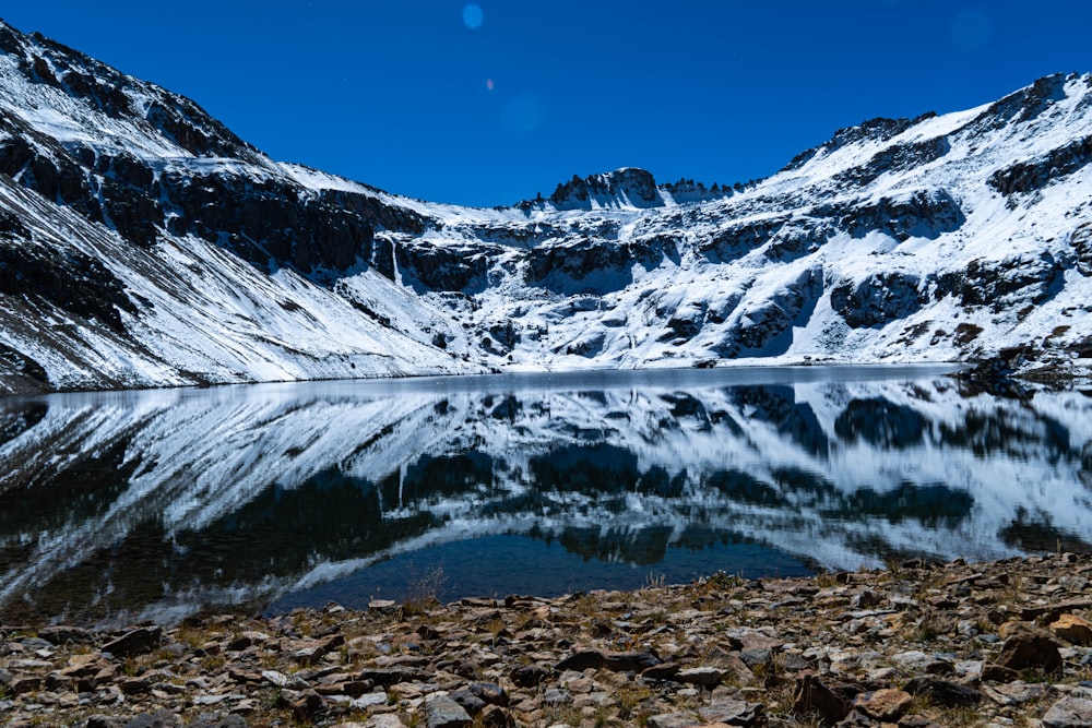 a mountain lake surrounded by snow covered mountains