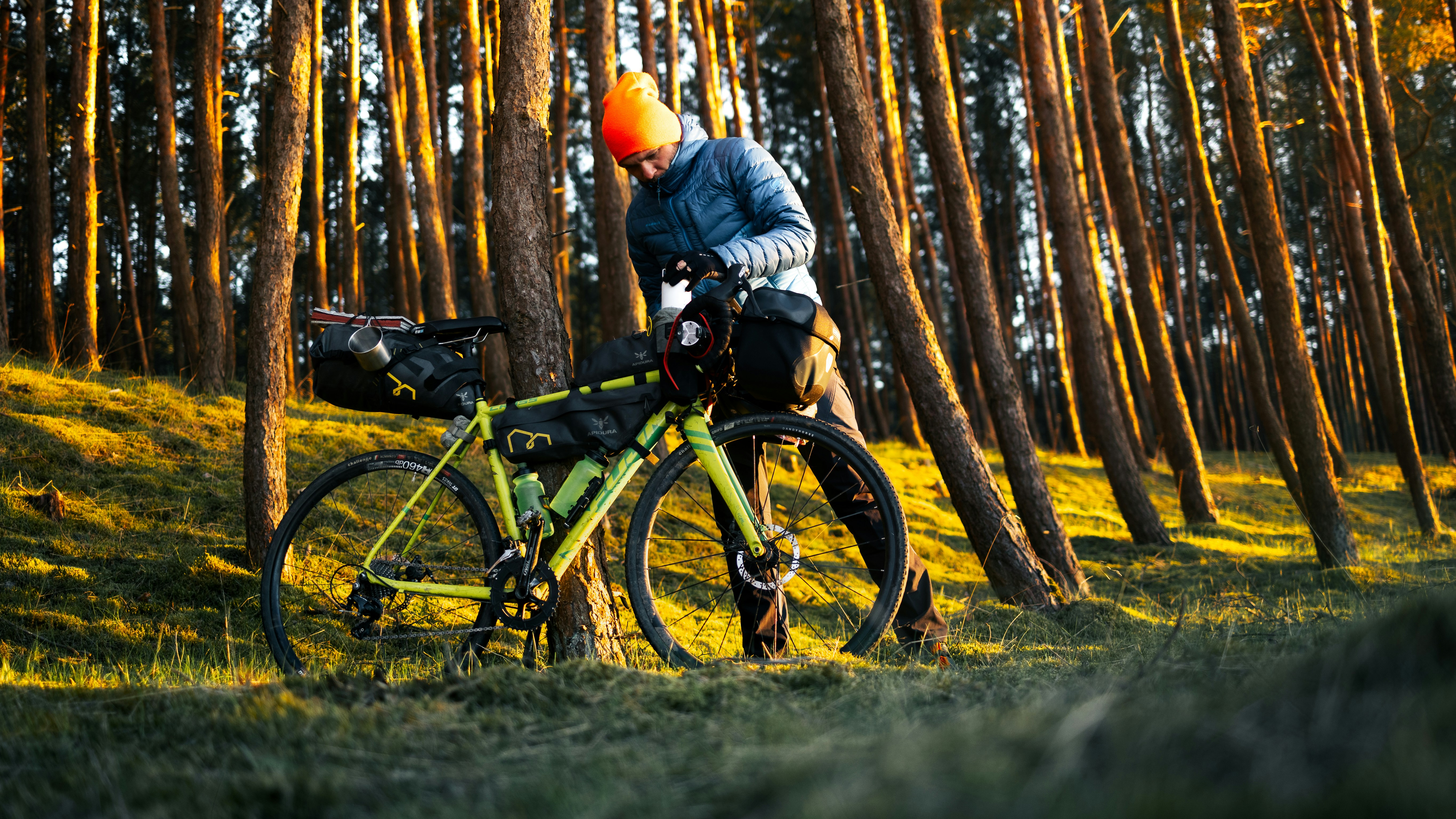 a person riding a bike through a forest