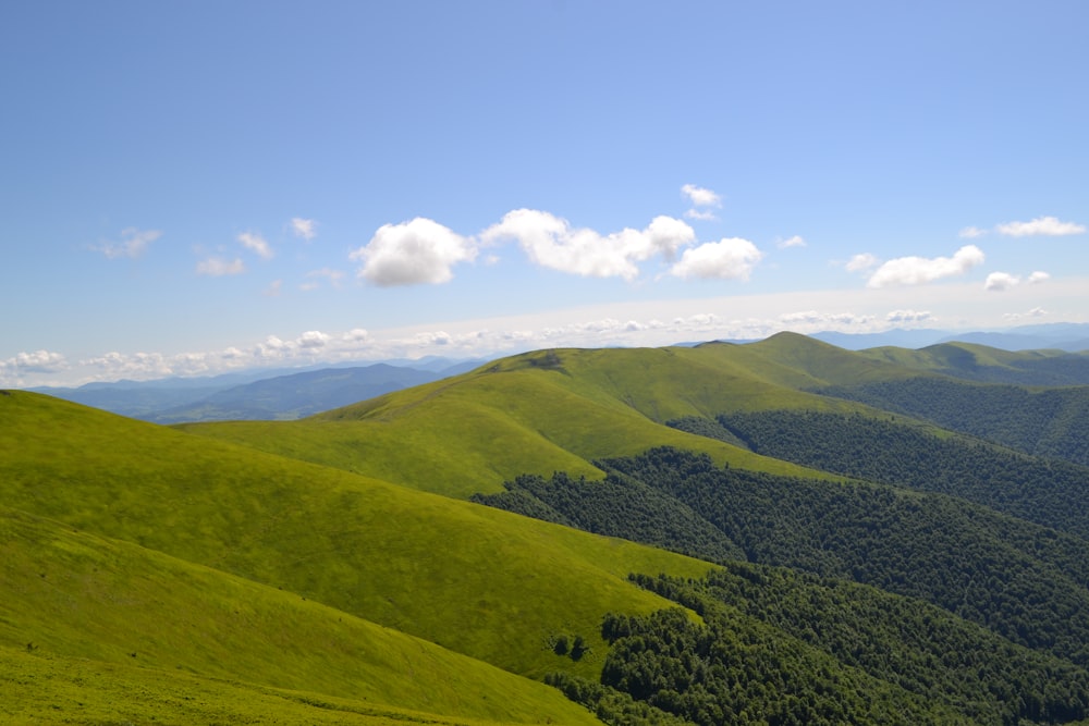 a view of a lush green hillside with mountains in the background