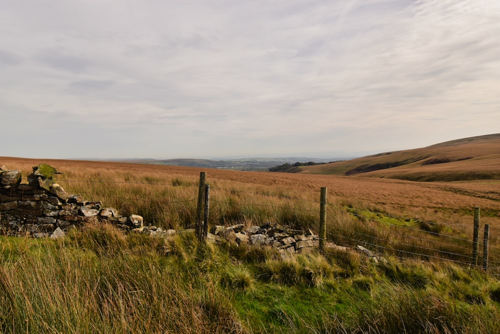 a stone wall in a grassy field with mountains in the background