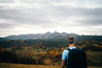A backpacker gazing at a mountain range in the distance.