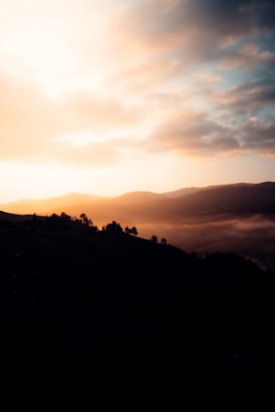 A picturesque landscape depicting a serene sunset over rolling hills. The sky is filled with soft clouds that are illuminated by the warm glow of the setting sun. Silhouettes of trees are visible against the vibrant backdrop, creating a tranquil and peaceful scene.