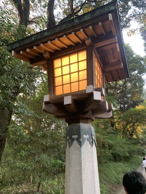 A traditional Japanese lantern with a wooden frame and an illuminated paper screen stands on a sturdy stone pillar. Surrounded by lush green foliage, the lantern is set in a tranquil forest path. The warm glow of the lantern contrasts with the cool greens of the surrounding trees.