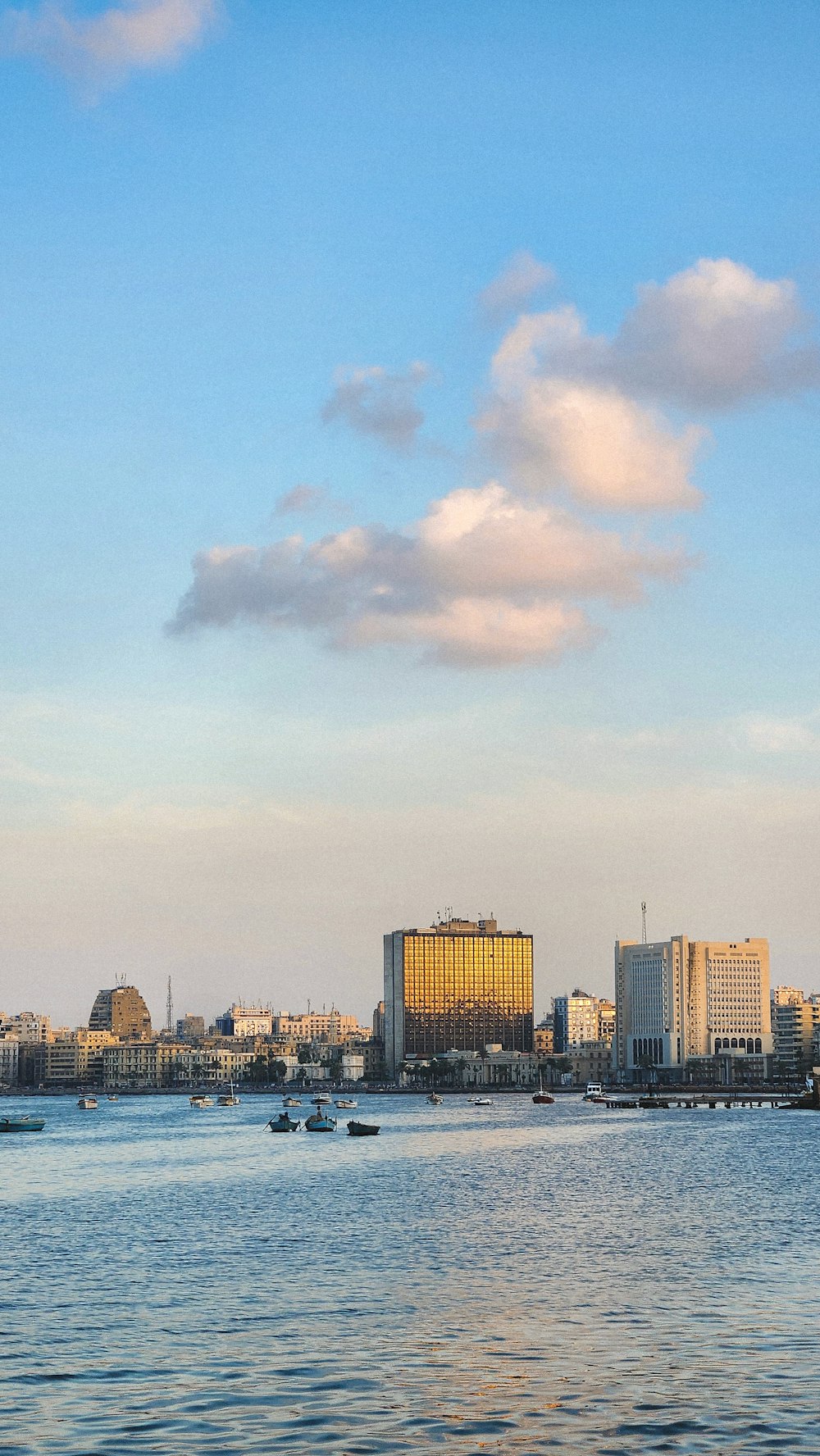 a body of water with a city in the background