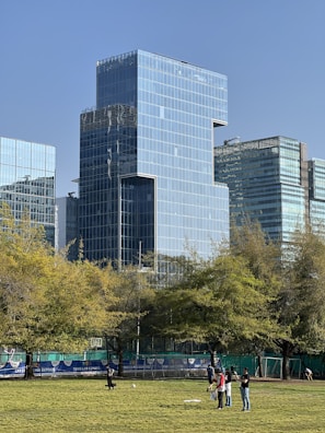 A modern cityscape featuring tall, reflective glass buildings against a clear blue sky. In the foreground, a grassy park area with several people enjoying outdoor activities. Trees with green foliage partially obscure the buildings.