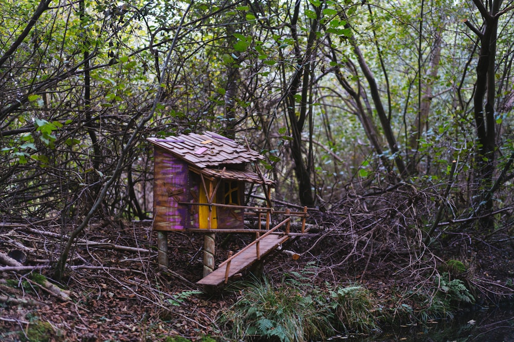 a small wooden structure in the middle of a forest