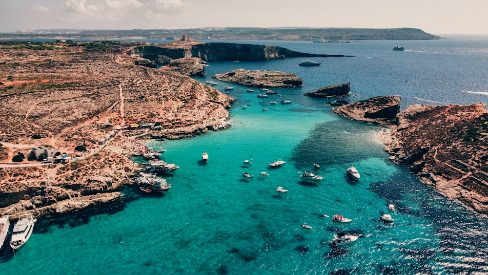 um grupo de barcos flutuando em cima de um corpo de água