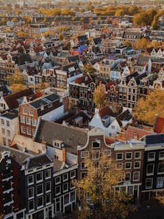 an aerial view of Amsterdam city with lots of historical buildings