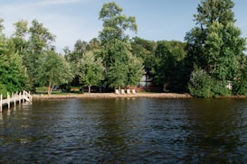 A peaceful lakeside scene with a dense border of tall, green trees surrounding a house. The calm water reflects the colors of the surroundings. A small dock extends into the lake, and there are chairs placed on the shore, suggesting a place for relaxation.