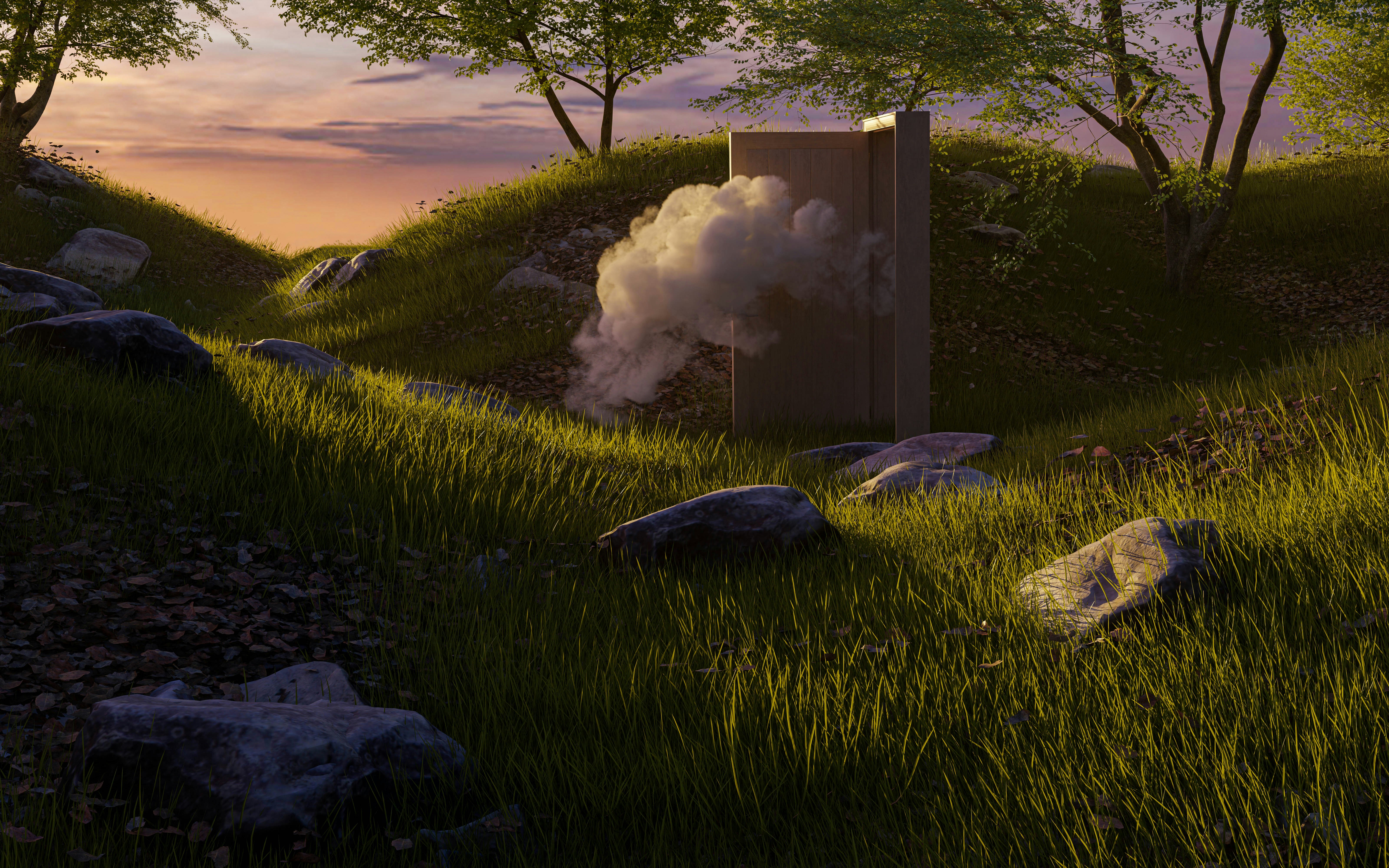 a painting of a box in the middle of a field