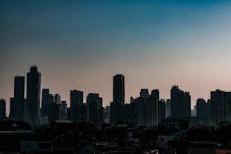 a view of a city skyline with tall buildings