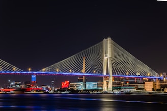 a large bridge over a body of water at night