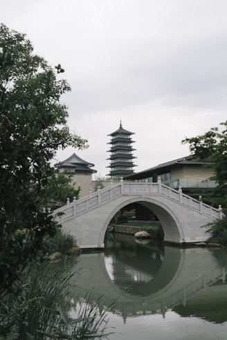 a bridge over a body of water with a pagoda in the background