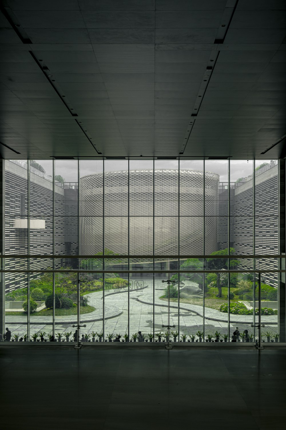 a view of a building through a glass window