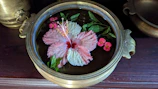 Brass urli with bright hibiscus petals floating, enhancing the outdoor garden ambiance.