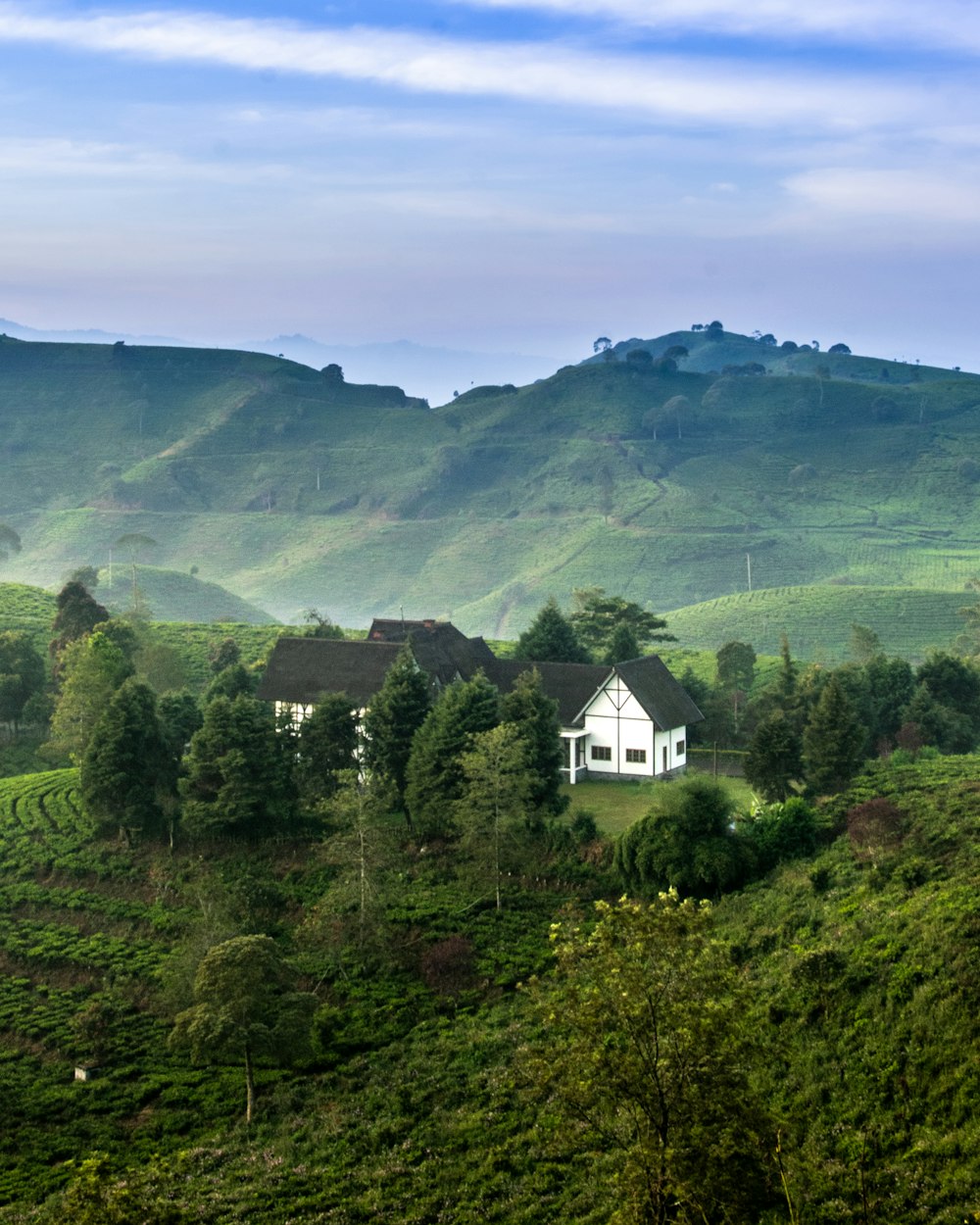 a house in the middle of a lush green valley